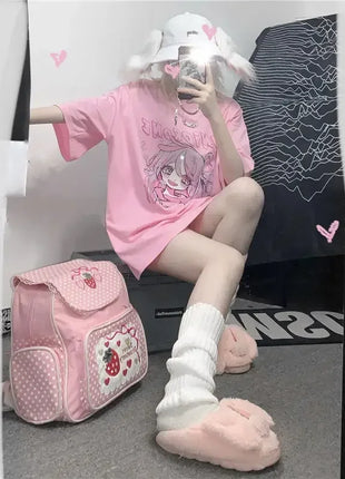 Primavera estate nuova versione coreana Harajuku Pink Cute Anime Cartoon Girl stampa t-shirt a maniche corte allentata studentessa superiore