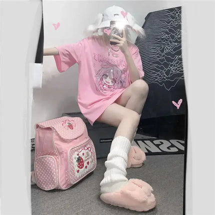 Printemps été Nouvelle version coréenne Harajuku Rose Mignon Anime Cartoon Fille T-shirt à manches courtes ample étudiant haut
