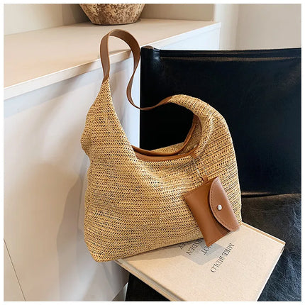Hand-Woven Large Capacity Tote Bag for Women, Fashionable Commuter Bag, INS Style, Beach Bag for Daily Travel