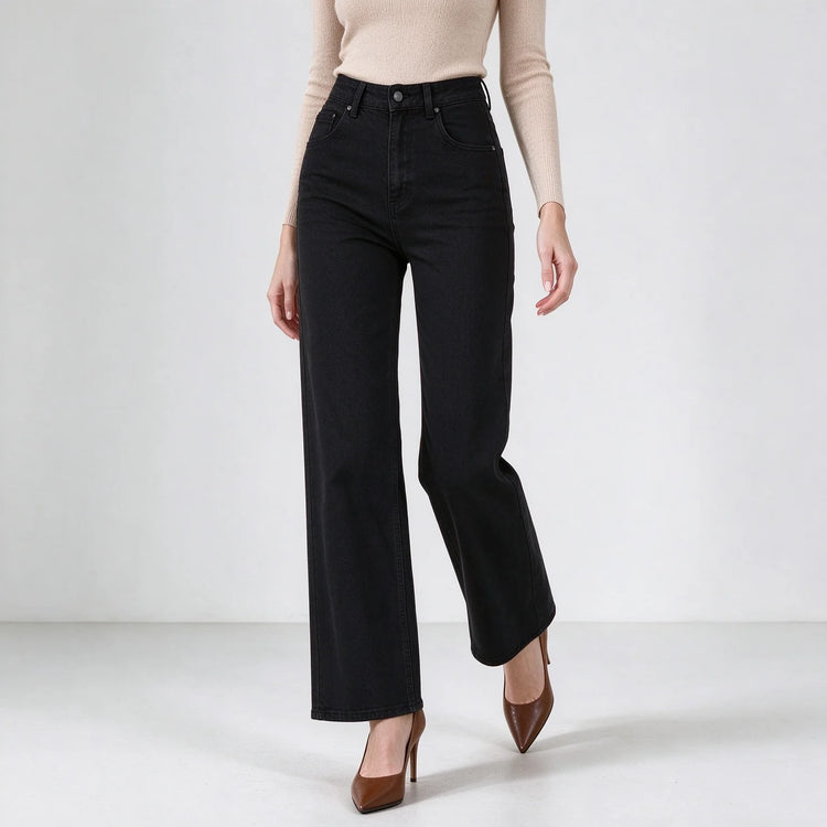 Women's Black Flared Jeans, High Waist, Stretch Denim, Loose Fit, Stitching Details, Elegant Casual Style, Fashionable Trousers, Perfect for All Seasons, Sizes Xs-Xl，Fx1338-1