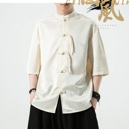 Camicia cinese da uomo con foglie di bambù floreali scuri Seta di ghiaccio Estate Confortevole e traspirante Stile retrò Camicie larghe alla moda da uomo Top