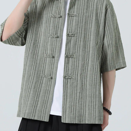 Camicie a Righe da Uomo Estive in Stile Cinese Tradizionale, Camicie Traspiranti in Lino, Abbigliamento Maschile Retrò per Kung Fu e Tai Chi, Completo Casual Tang