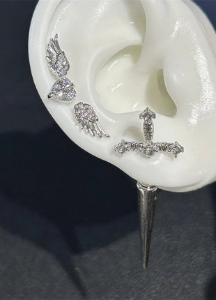 New Fashion Love Wings Cross Acciaio inossidabile Osso dell'orecchio Chiodo Zircone lucido Orecchino con filo alla moda per le donne Accessorio per piercing al corpo platinumshop
