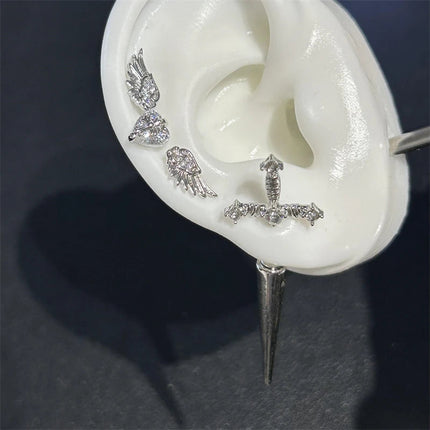 New Fashion Love Wings Cross Acciaio inossidabile Osso dell'orecchio Chiodo Zircone lucido Orecchino con filo alla moda per le donne Accessorio per piercing al corpo platinumshop