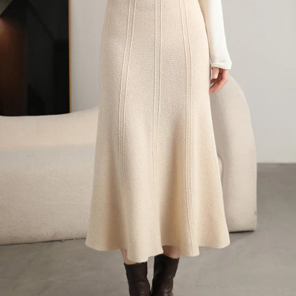 Grace Women's Skirt 100% Merino Wool Skirt Hip Hugging A-Line Wave Skirt Knitted Warm Autumn Winter Dress Slim Office Lady Skirt PlatiNum