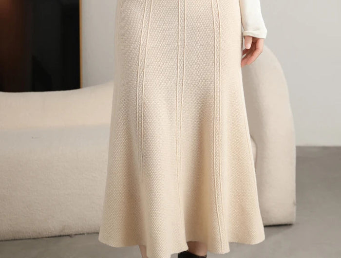 Grace Women's Skirt 100% Merino Wool Skirt Hip Hugging A-Line Wave Skirt Knitted Warm Autumn Winter Dress Slim Office Lady Skirt PlatiNum
