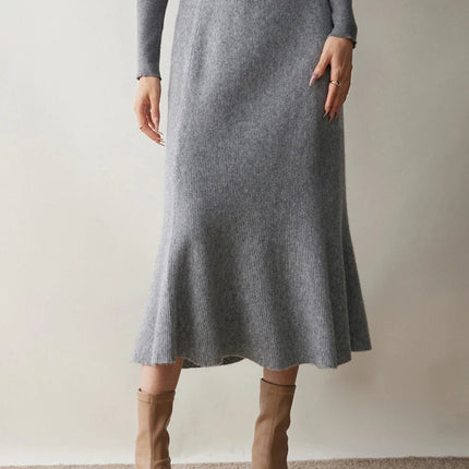 Autumn Winter Women New 100% Cashmere Fishtail Skirt  Mid Length Slimming High Waisted Knitted Umbrella Skirt Elegant Dress PlatiNum