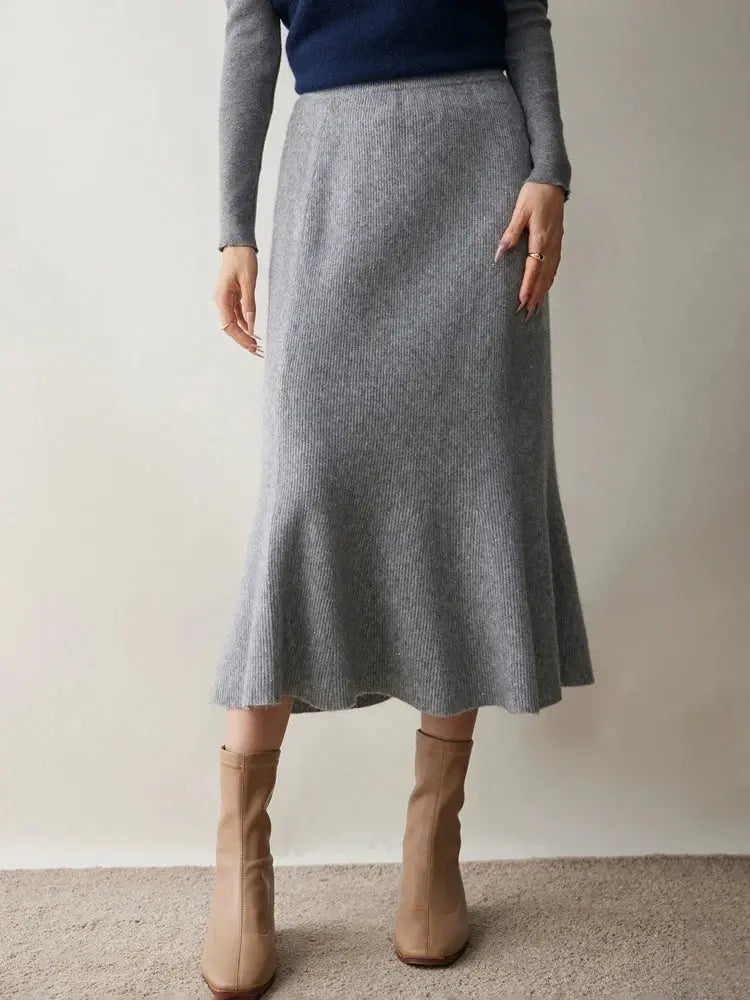 Autumn Winter Women New 100% Cashmere Fishtail Skirt  Mid Length Slimming High Waisted Knitted Umbrella Skirt Elegant Dress PlatiNum