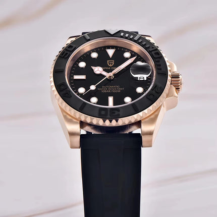 Orologio Automatico Meccanico da Uomo PAGANI DESIGN, Cassa in Oro Rosa, Cinturino in Gomma Nera, Orologio Subacqueo, Vetro Zaffiro, Impermeabile 100M, Luminoso, Data, Orologio Sportivo da Polso da Uomo, Relogio Masculino