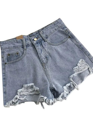 Pantaloncini di jeans coreani Donna Moda estiva Casual Jeans strappati a vita alta Tasca nappa Y2K Pantaloni caldi Streetwear Pantaloni blu - platinumshop