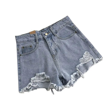 Pantaloncini di jeans coreani Donna Moda estiva Casual Jeans strappati a vita alta Tasca nappa Y2K Pantaloni caldi Streetwear Pantaloni blu - platinumshop