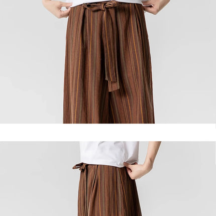 Pantaloni a righe da uomo in cotone e lino, comodi e traspiranti, pantaloni a gamba larga, kimono, samurai giapponese, pantaloni alla moda larghi casual da uomo