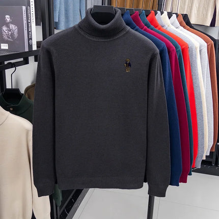 High-End Man Spring Long-Sleeved Knitwear Bear Print High Neck Hot Pullover Versatile Trend Leisure Warm Sweater Men's Clothing