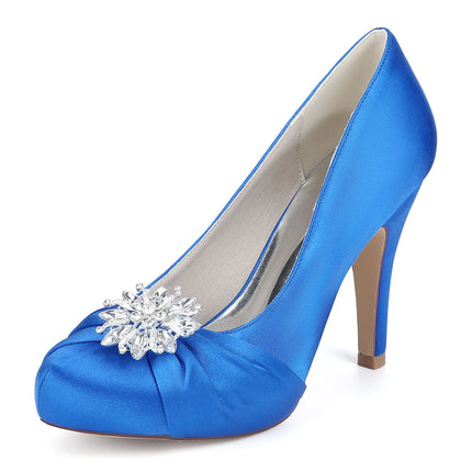 Primavera Boca de pescado Punta redonda Diamantes de imitación de seda Zapatos de boda impermeables de tacón alto para mesa Sandalias de mujer de talla grande para vestido de banquete