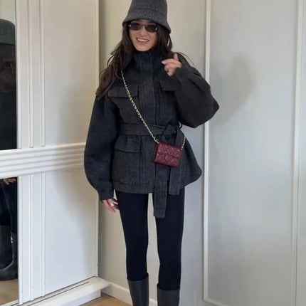 Casual Solid Woolen Loose Coats Women Belt Stand Collar Full Sleeve Zippers Lace Up Coat Female 2026 Autumn Lady Outwears