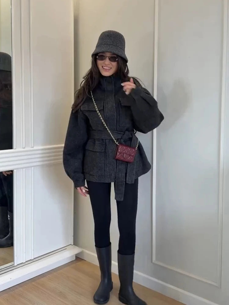 Casual Solid Woolen Loose Coats Women Belt Stand Collar Full Sleeve Zippers Lace Up Coat Female 2026 Autumn Lady Outwears