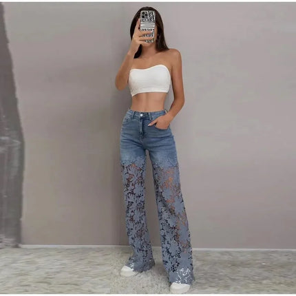 Jeans a Vita Alta e Gamba Larga, Pantaloni Estivi alla Moda con Inserti in Pizzo, Jeans in Denim Traforato e Drappeggiato, Jeans da Donna in Cotone con Cerniera per Primavera