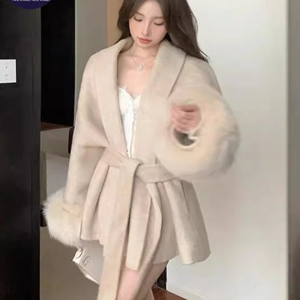 Coats for Women Autumn Winter New Elegant Long Sleeves V Neck Lace Up Woolen Coat Korean Fashion Casual Loose Street Trends Coat