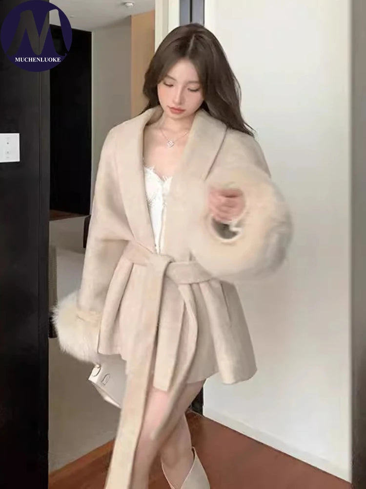 Coats for Women Autumn Winter New Elegant Long Sleeves V Neck Lace Up Woolen Coat Korean Fashion Casual Loose Street Trends Coat