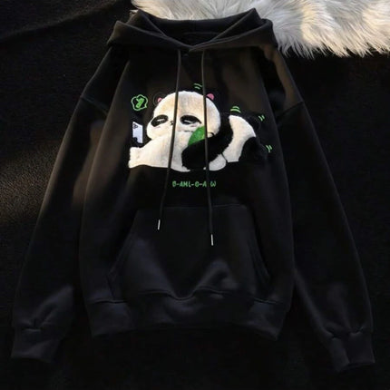 Japanese Kawaii Flock Embroidery Cartoon Cat Patchwork Hoodies Thicken Kangaroo Pocket Baggy Street Sweatshirt All-Matching Top