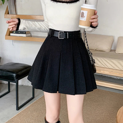 Vintage Winter Pleated Mini Skirt Women Streetwear High Waist Woolen Cute Skater Skirts With Shorts Belt Grey Black Skirt Woman PlatiNum