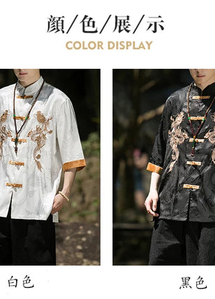 Camicia con ricamo drago dorato da uomo in seta di ghiaccio di alta qualità casual allentato a maniche corte top cardigan tradizionale kung fu retrò da uomo