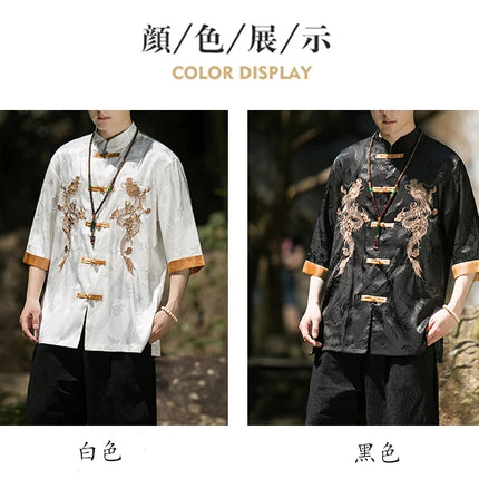 Camicia con ricamo drago dorato da uomo in seta di ghiaccio di alta qualità casual allentato a maniche corte top cardigan tradizionale kung fu retrò da uomo