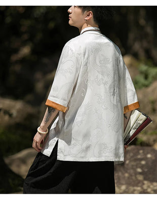 Camicia con ricamo drago dorato da uomo in seta di ghiaccio di alta qualità casual allentato a maniche corte top cardigan tradizionale kung fu retrò da uomo