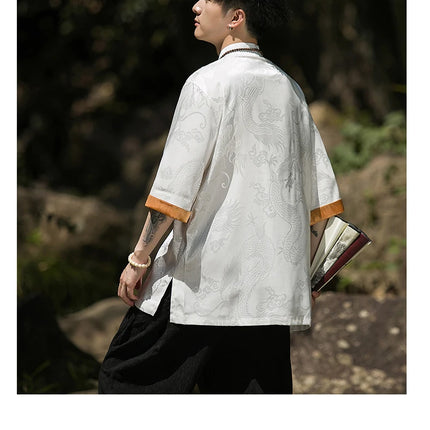 Camicia con ricamo drago dorato da uomo in seta di ghiaccio di alta qualità casual allentato a maniche corte top cardigan tradizionale kung fu retrò da uomo