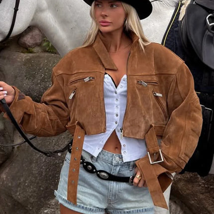 Brown Suede Leather Short Coats Women Solid Stand Collar Zipper Waist Belted Cropped Jackets 2026 Lady Autumn Y2k Casual Outwear