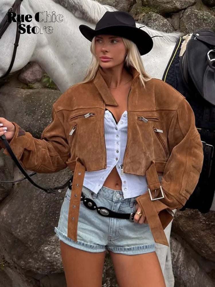 Brown Suede Leather Short Coats Women Solid Stand Collar Zipper Waist Belted Cropped Jackets 2026 Lady Autumn Y2k Casual Outwear