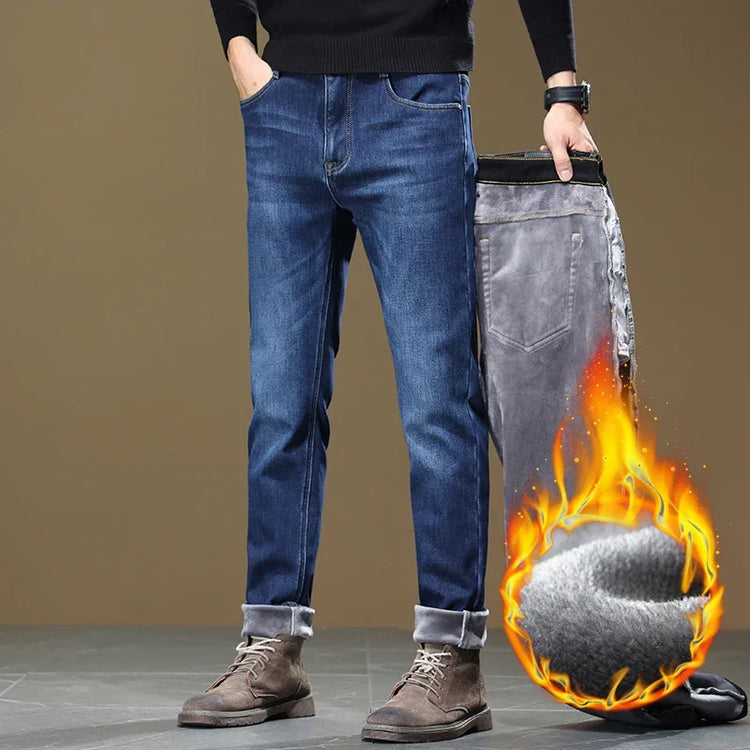 Autumn Winter Men Fleece Jeans Slight‑stretch Slim Straight Washed Thick Warm Denim Pants Luxury Outdoor Commute Casual Trousers