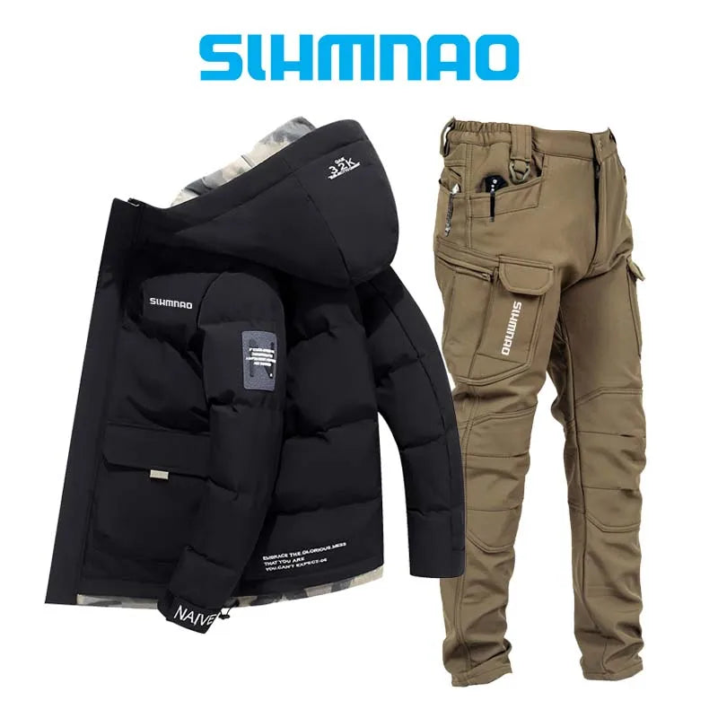 2025 Outdoor Warm Thick Jacket and Tactical Pants, Winter Windproof, Cold-resistant, Warm Fishing, Cycling, Skiing, Clothing