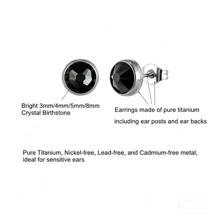 Orecchini Ipoallergenici in Titanio G23 per Uomo e Donna, con Cristalli Neri, 3mm 4mm 5mm 8mm platinumshop
