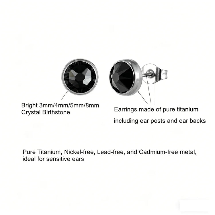 Orecchini Ipoallergenici in Titanio G23 per Uomo e Donna, con Cristalli Neri, 3mm 4mm 5mm 8mm platinumshop
