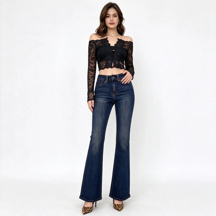 Jeans Women High Waist Bootcut Dark Blue Vintage Wash, Slimming Shaping Stretch Denim for Office and Leisure,Yw-1979