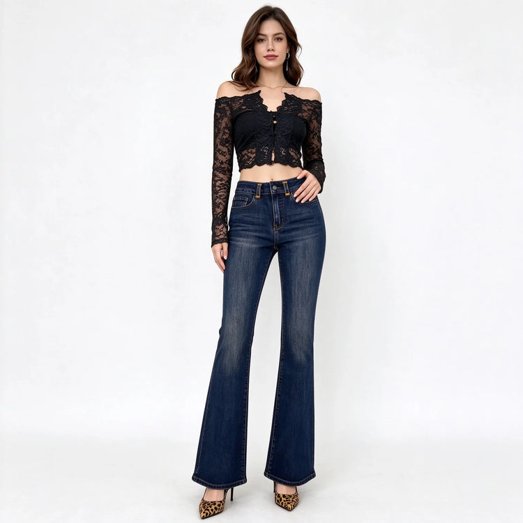Jeans Women High Waist Bootcut Dark Blue Vintage Wash, Slimming Shaping Stretch Denim for Office and Leisure,Yw-1979