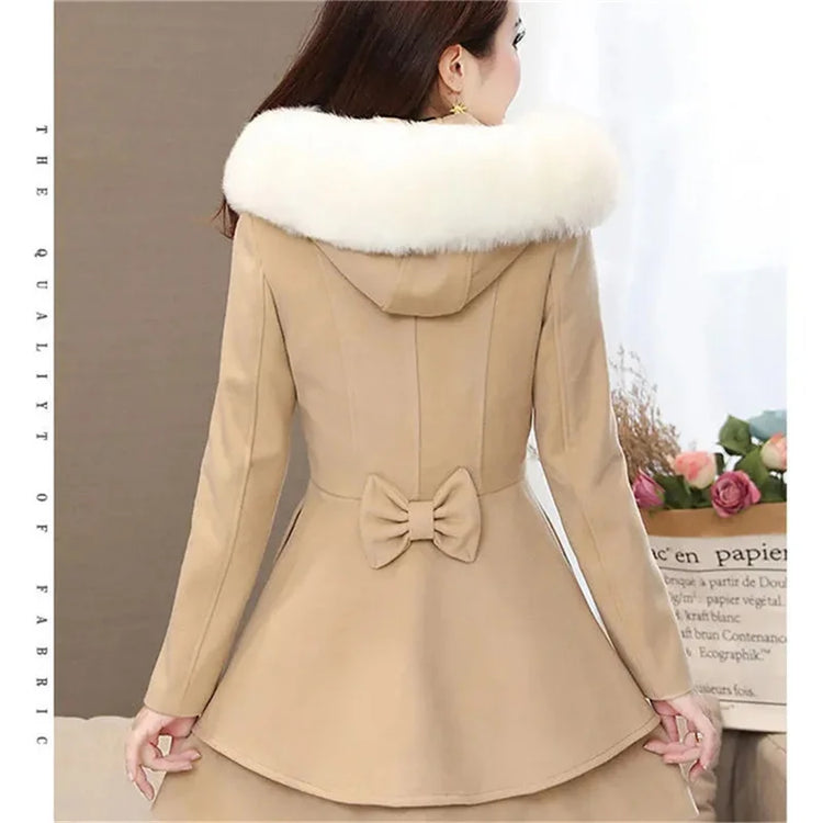 2023 New Winter Women's Woolen Blend Coat A-Line Double-Breasted Jackets Female Fur Collar Office Lady Wool Outwear