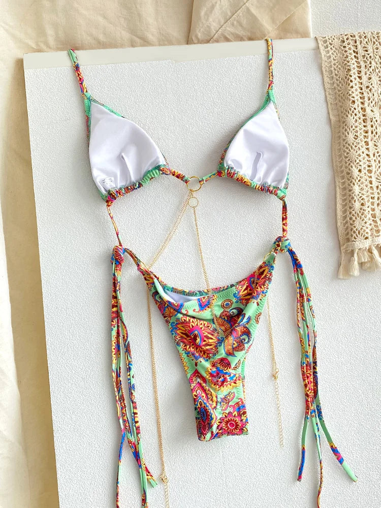 Catene a triangolo sexy Set bikini Micro perizoma Costume da bagno donna Costume da bagno Biquini Fasciatura Costumi da bagno Stampa Costumi da bagno Perizoma Bikini platinumshop