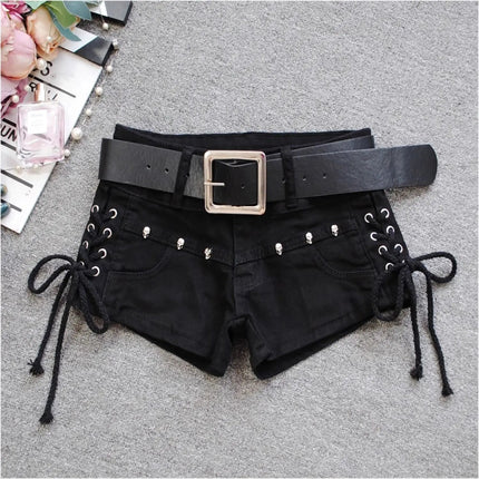 Korean Low Rise Denim Shorts 2024 - Riveted Lace Up Bodycon Black Hot Pants Vintage Cheeky Booty Summer TikTok Y2K Outfit PlatiNum