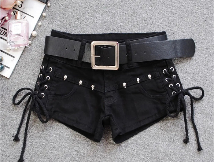 Korean Low Rise Denim Shorts 2024 - Riveted Lace Up Bodycon Black Hot Pants Vintage Cheeky Booty Summer TikTok Y2K Outfit PlatiNum