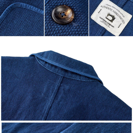 Vintage Handmade Indigo Jacket Men Spring Autumn New Lapel Multi-pocket Plant Blue Dyed Long Sleeve Jacket Casual Cardigan Coat