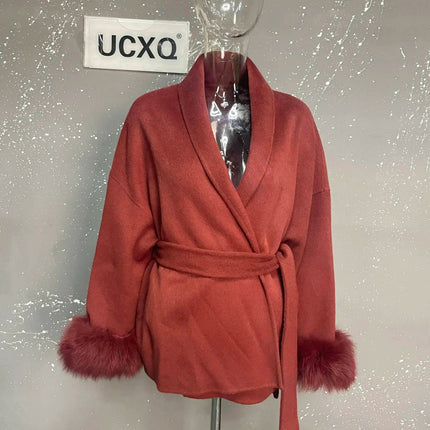 UCXQ Elegant OL Office Lady Overcoats Fur Patchwork Long Sleeve Woolen Coat Beautiful Women's Clothing Jacket Autumn 2025 Winter