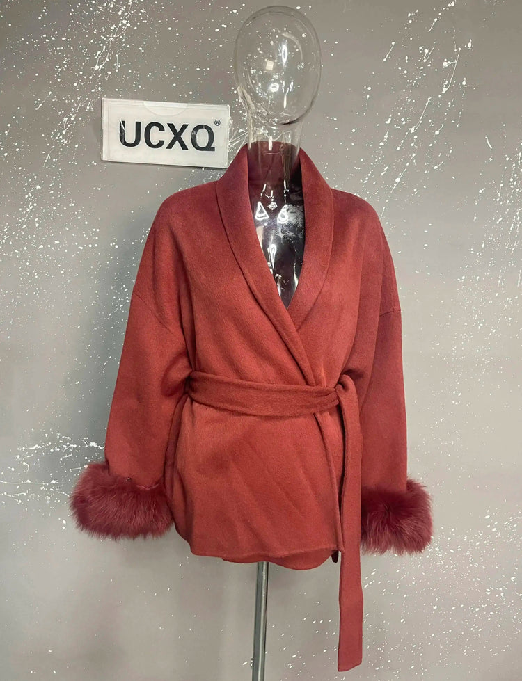 UCXQ Elegant OL Office Lady Overcoats Fur Patchwork Long Sleeve Woolen Coat Beautiful Women's Clothing Jacket Autumn 2025 Winter