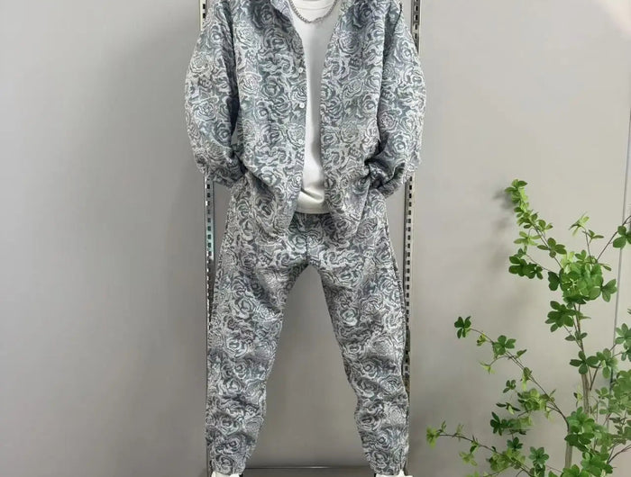 New Spring and Autumn Men's Casual Suit Lapel Jacquard Shirt Trousers Two-piece Set Comfortable Loose PlatiNum
