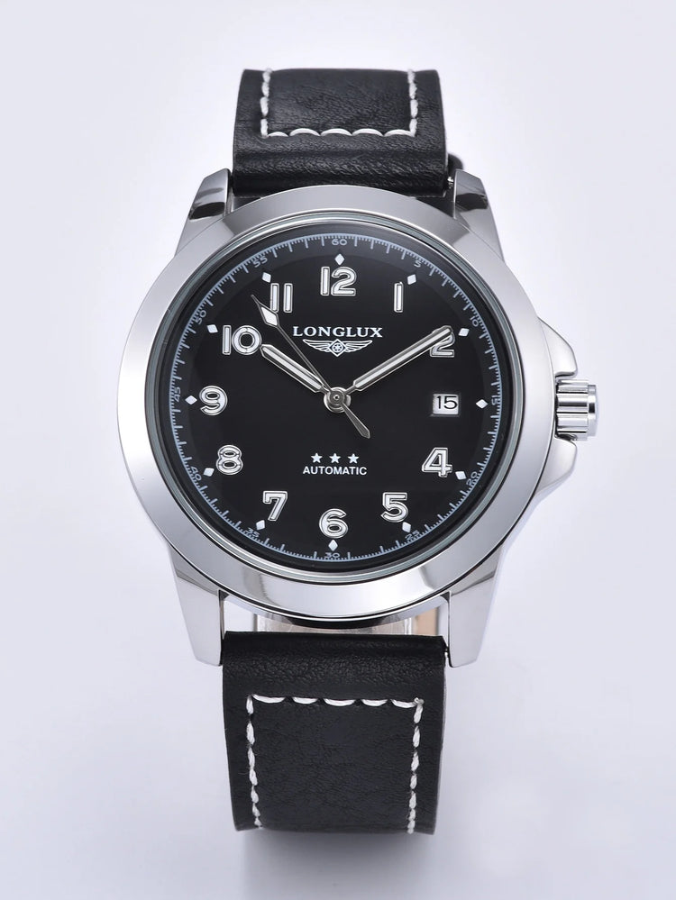LONGLUX Men Automatic Watch Vintage Pilot Business Classic Military Mechanical Watches Date Waterproof Luminous Leather Gift