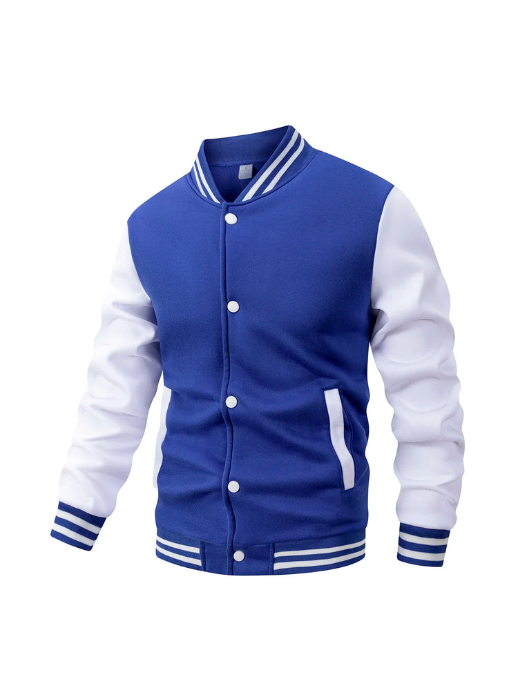 Men's Fleece-Lined Varsity Jacket Autumn Winter Warm Color Block Baseball Jacket Button Front & Striped Cuffs Retro Casual Coat
