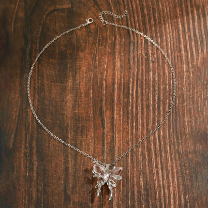 Y2K Sweet Cool Liquid Pink Butterfly Pendant Necklace Female Pink Zircon Water Drop Versatile Necklace Summer New Jewelry PlatiNum