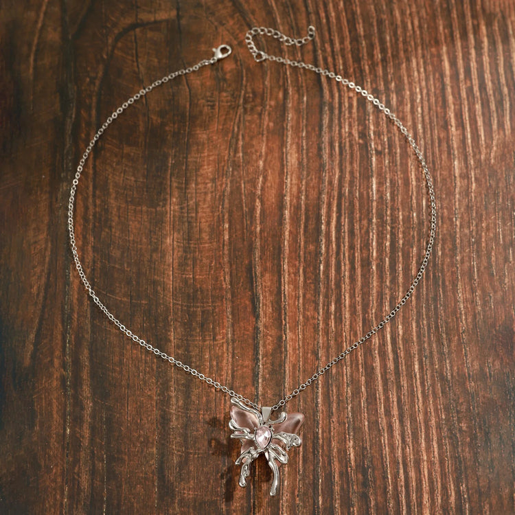 Y2K Sweet Cool Liquid Pink Butterfly Pendant Necklace Female Pink Zircon Water Drop Versatile Necklace Summer New Jewelry PlatiNum
