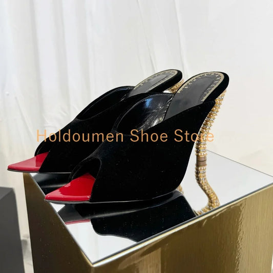 Women's Red Pointed Toe Mule Slippers Velvet U-Shaped Mouth Metal Strange Style Heel Slippers Summer New Style Trend Slippers